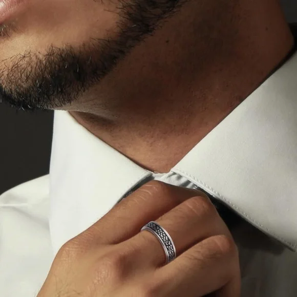 Men’s Black Pattern Inlay Stainless Steel Spinner Ring Anxiety Fidget Band - Picture 2 of 3